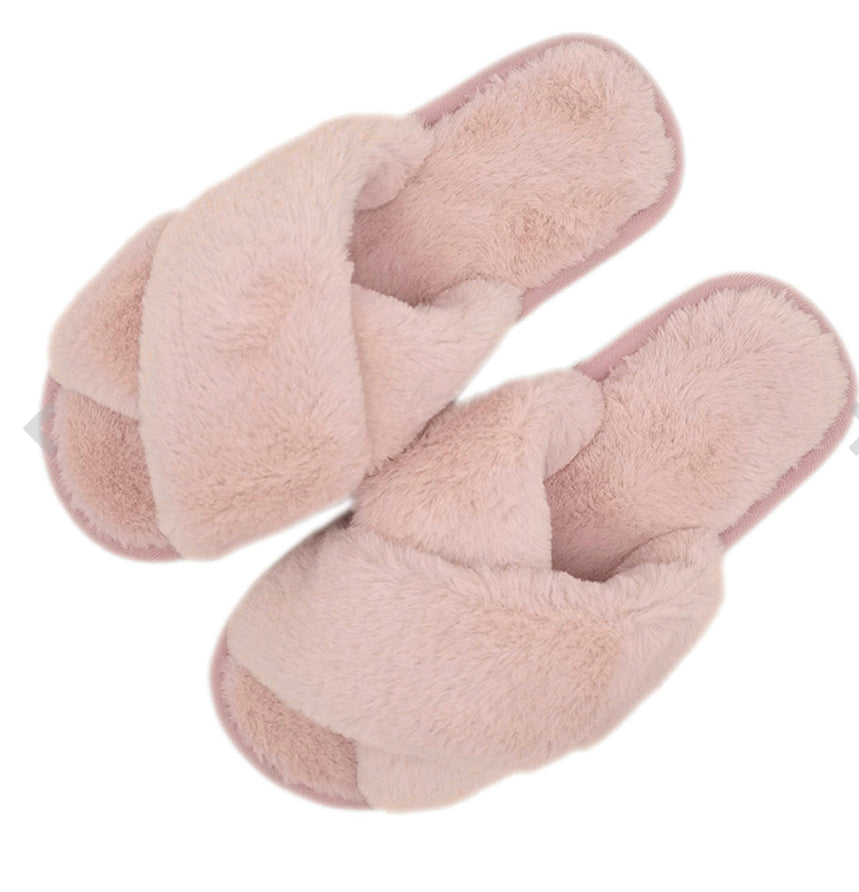 Pink Faux Fur Open Toe Slippers - Main Image