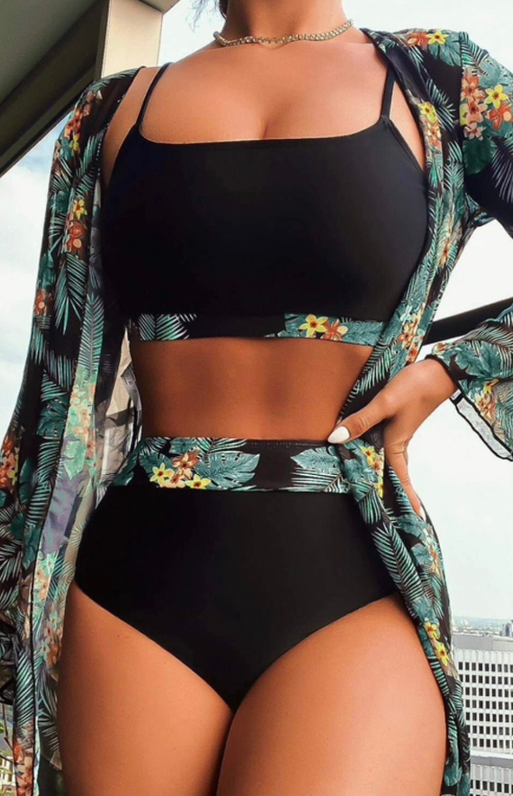 Black Bikini Set With Floral Cover Up