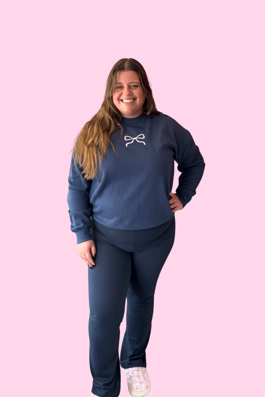 Blue Embroidered Bow Crewneck