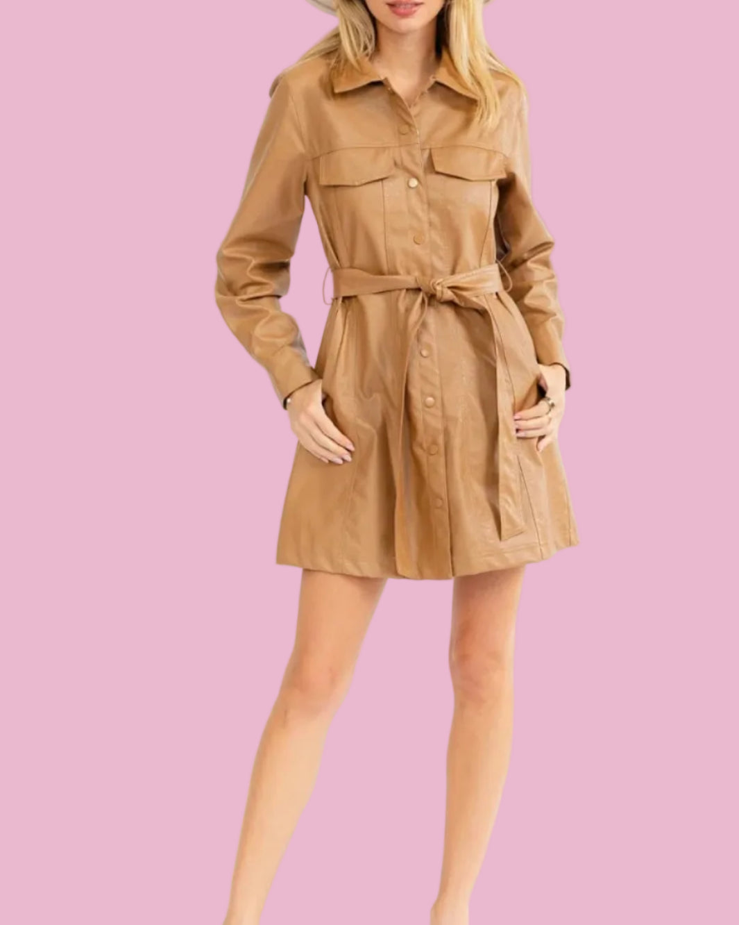 Camel Pleather Tie Dress