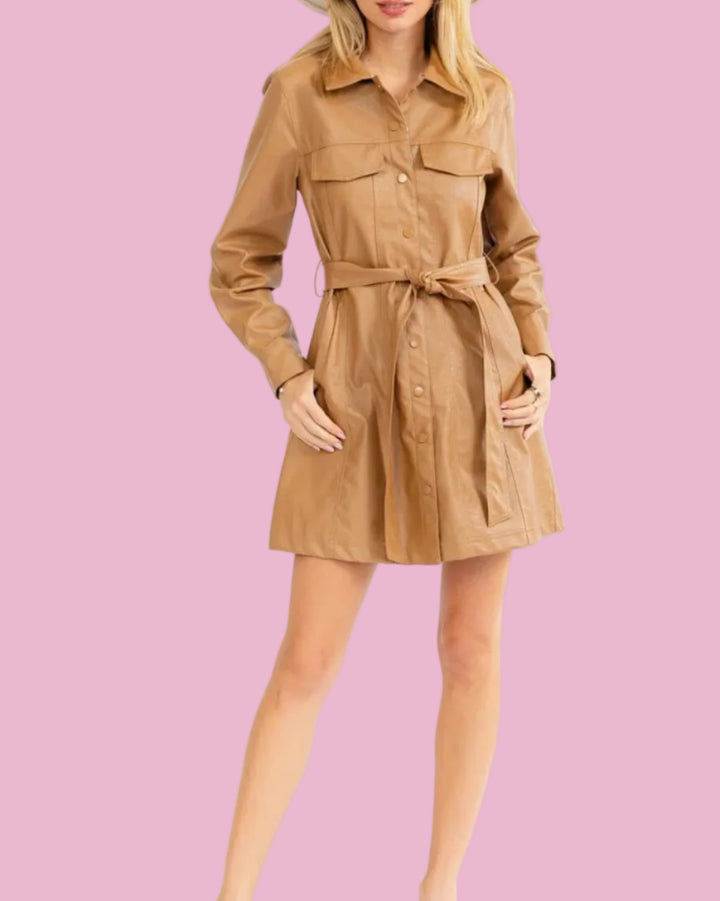 Camel Pleather Tie Dress
