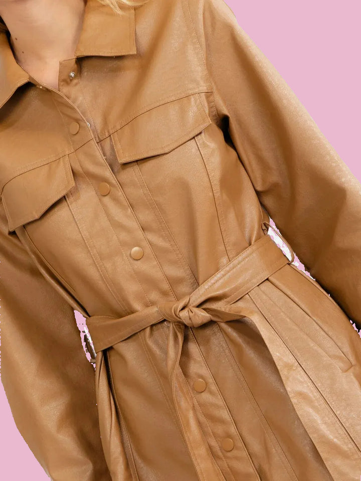 Camel Pleather Tie Dress
