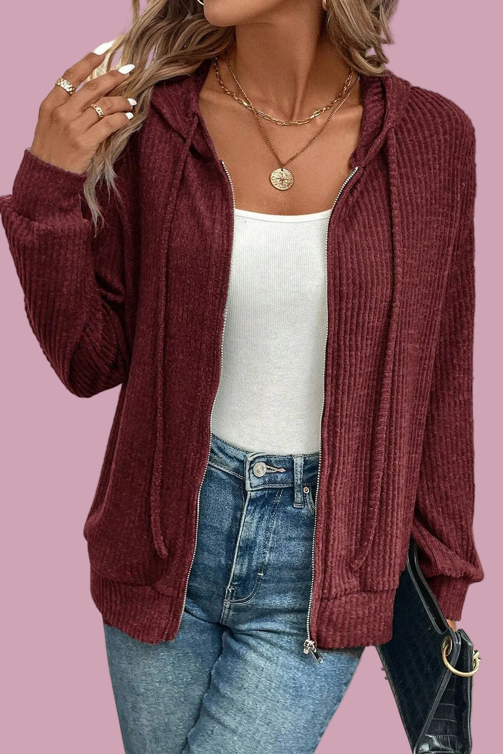 Ribbed Hooded Zip Up