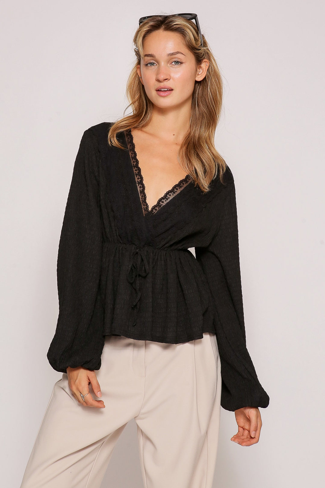 Surplice Lace V-Neck Blouse