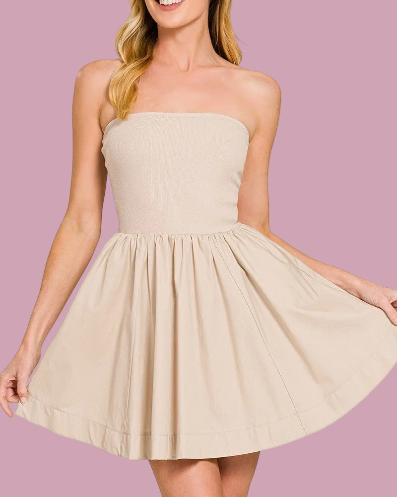 Beige Tube Flare Dress