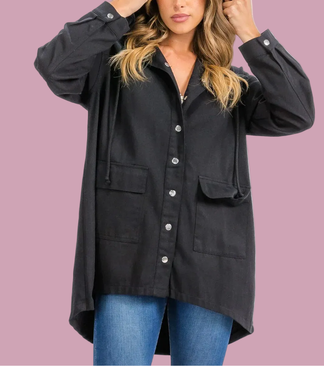 Black Hooded Button Jacket