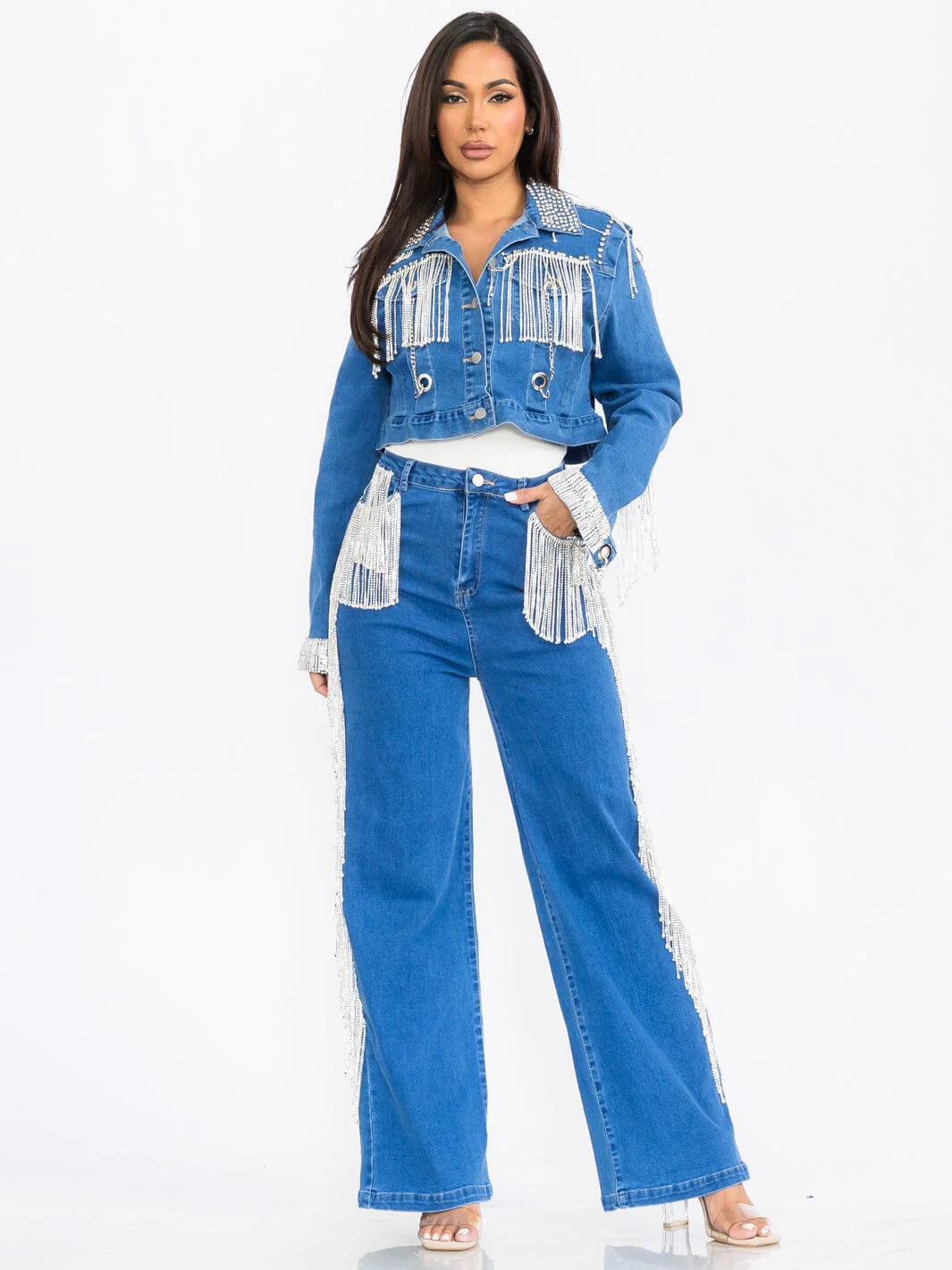 Denim Fringe Jacket Set