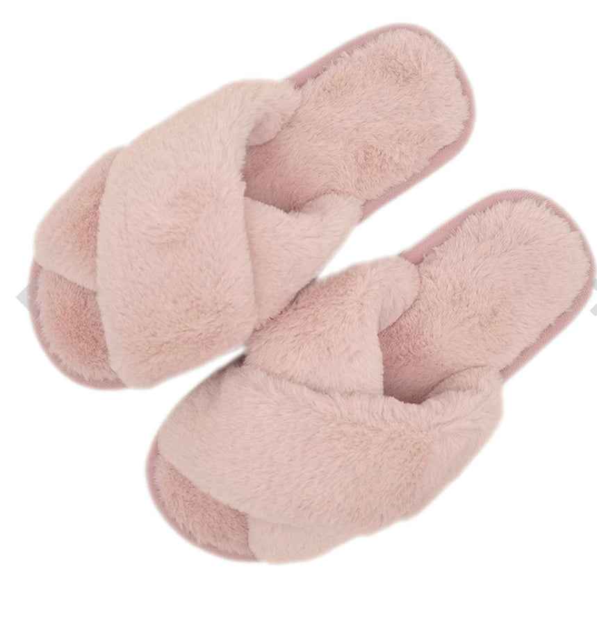 Pink Faux Fur Open Toe Slippers