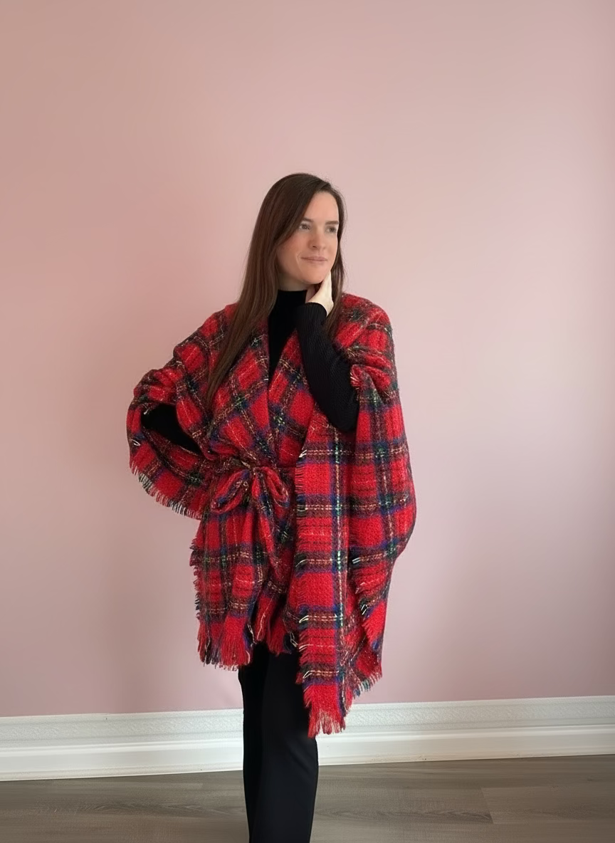 Red Plaid Belted Shawl