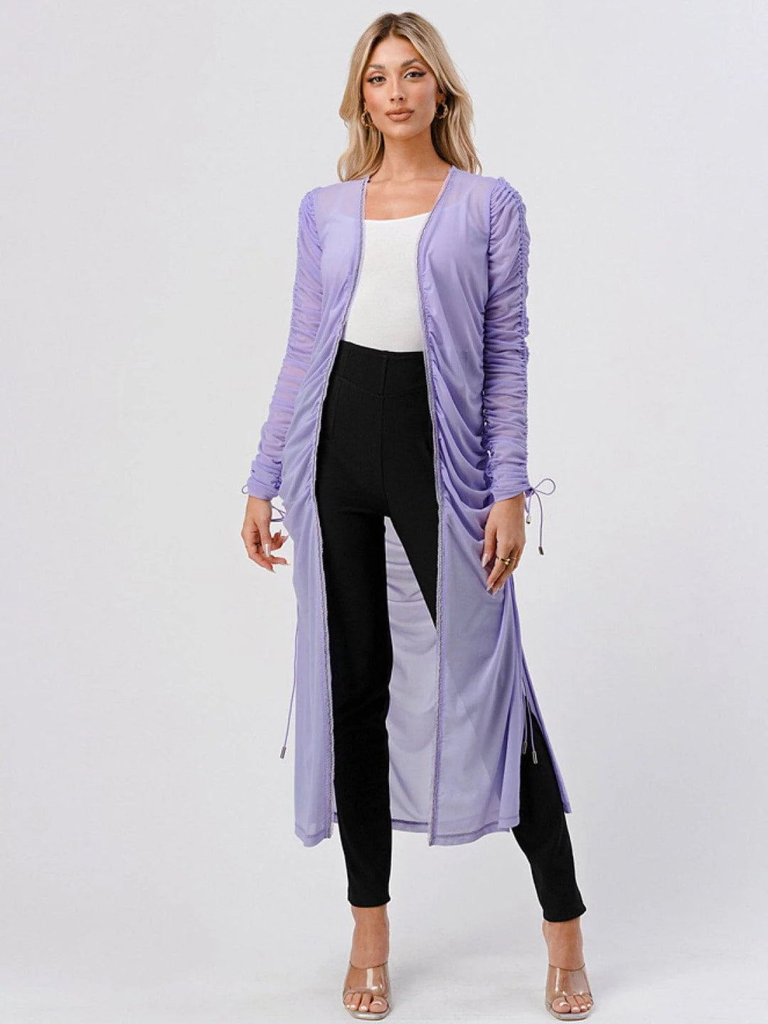 Long Sleeve Ruched Mesh Cardigan