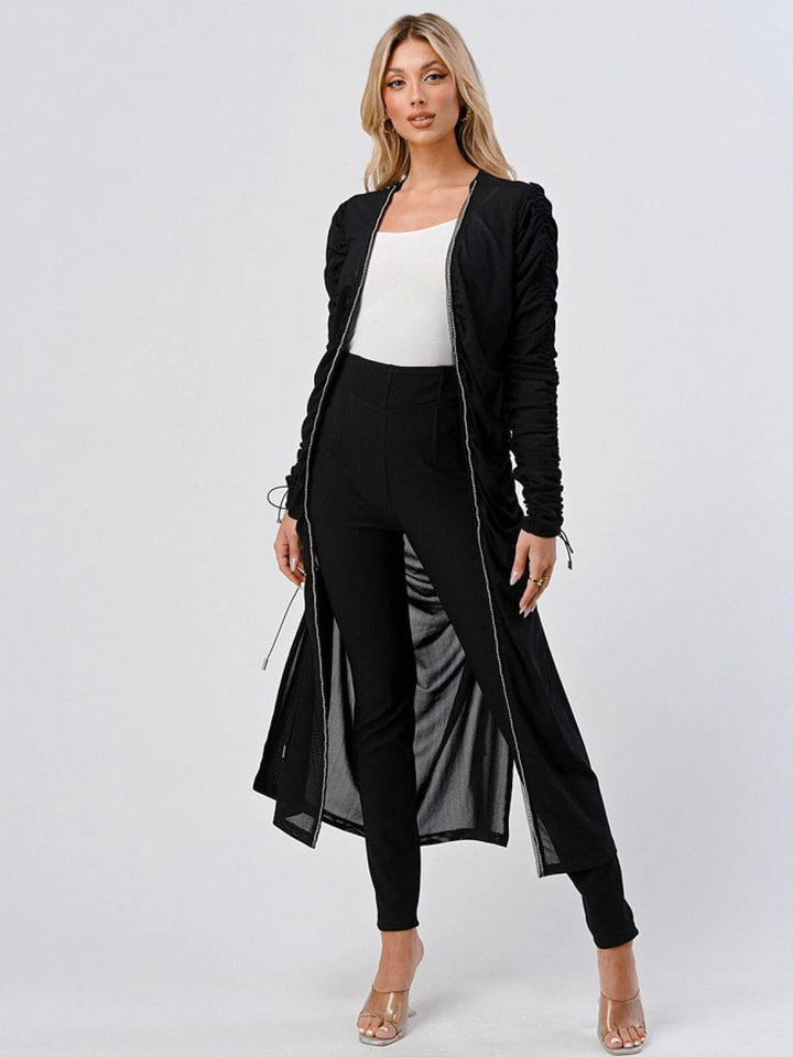 Long Sleeve Ruched Mesh Cardigan