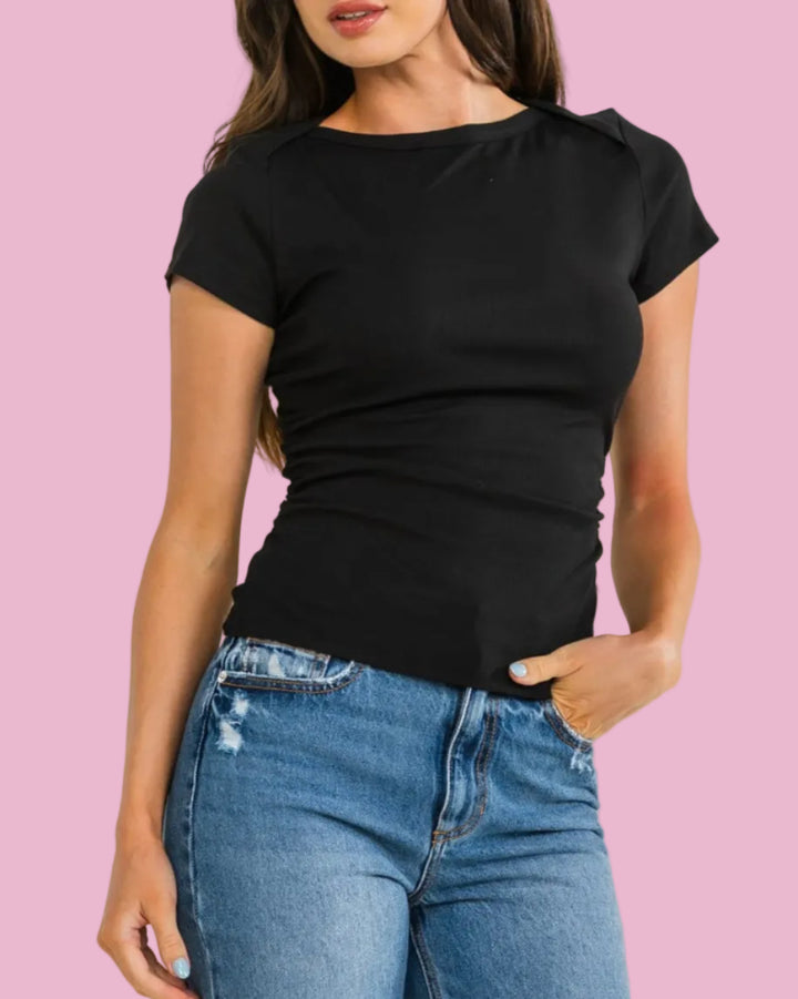 Black Ruched Rib Top