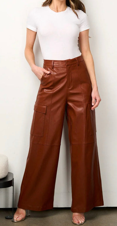 Brown Pleather Cargo Pants