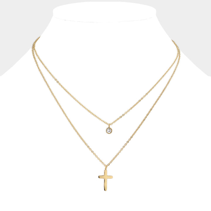 Bezel Cross & Stone Layered Necklace