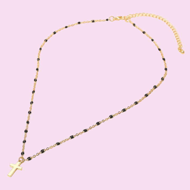 Black Beaded Cross Necklace
