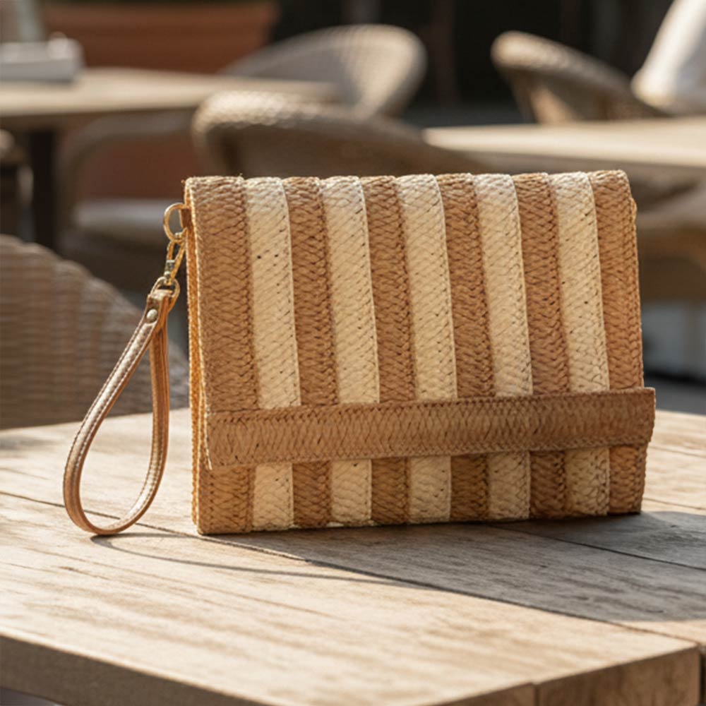 Tan Woven Striped Clutch