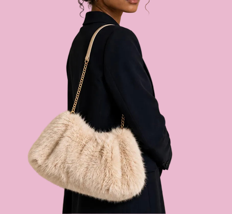 Beige Fuzzy Chain Purse