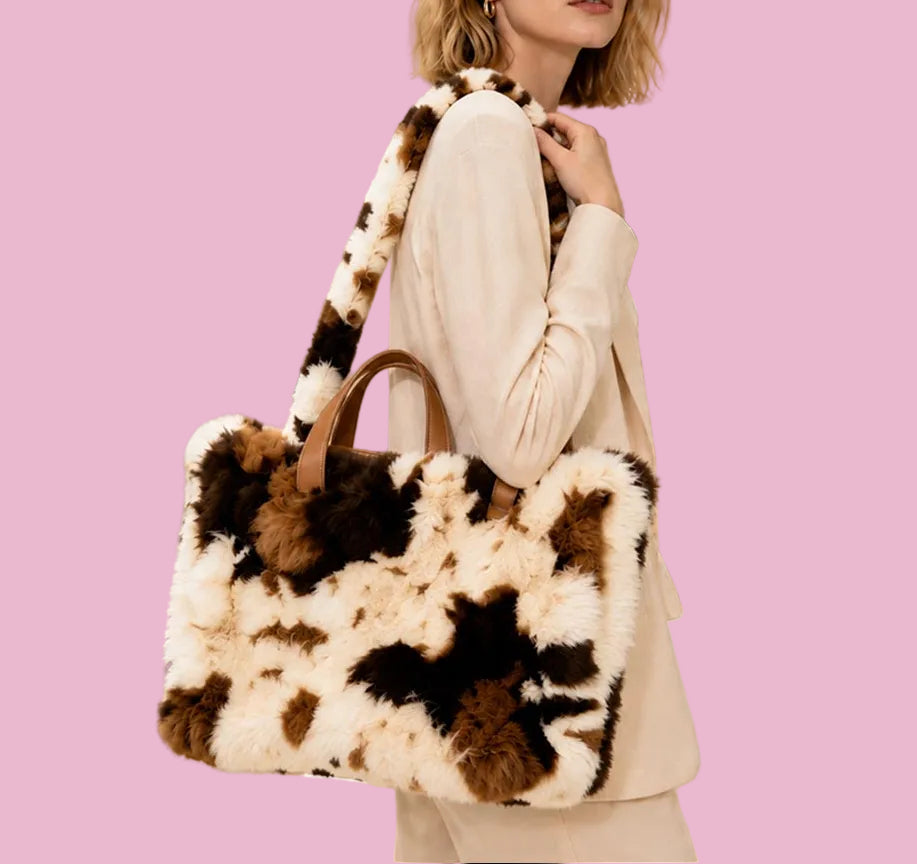 Fuzzy Cow Print Overnight Tote