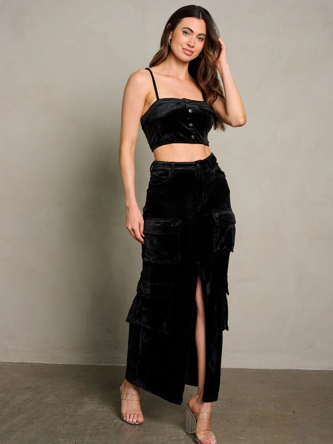 Velvet Crop Long Black Velvet Skirt And Top Black Sequins Zari