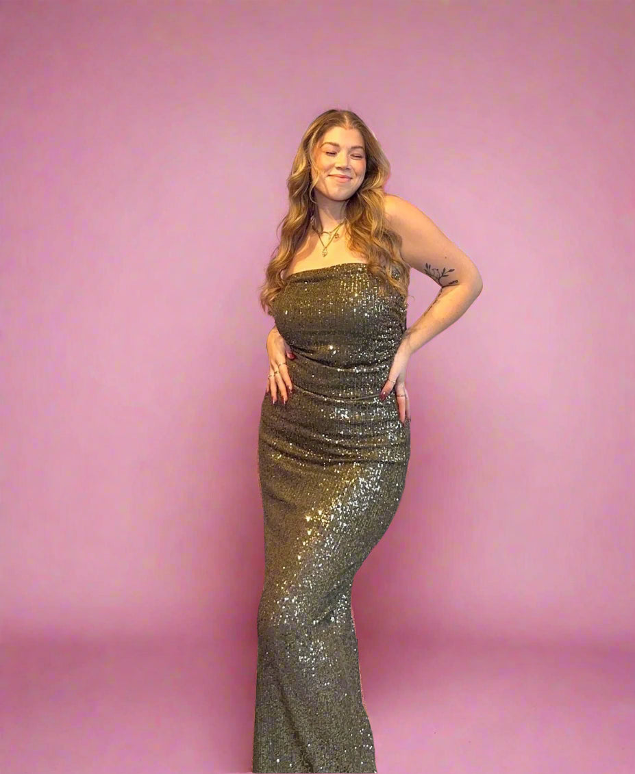 green sequin tube dress Strapless Sequin Beaded Dress in Sage Green