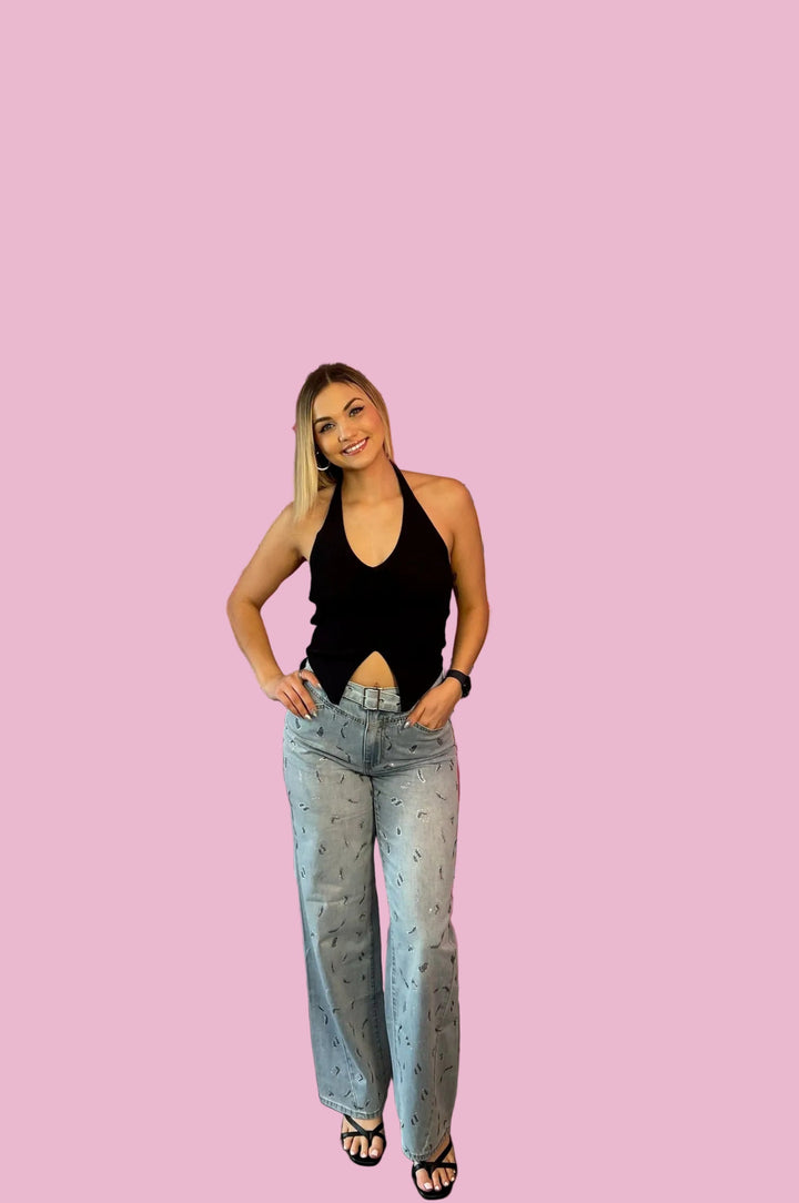 Rhinestone Wide Leg Jeans