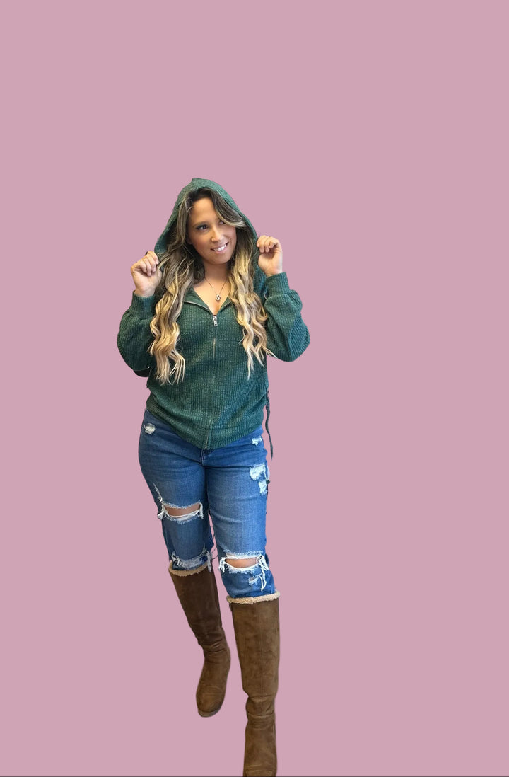 Ribbed Hooded Zip Up