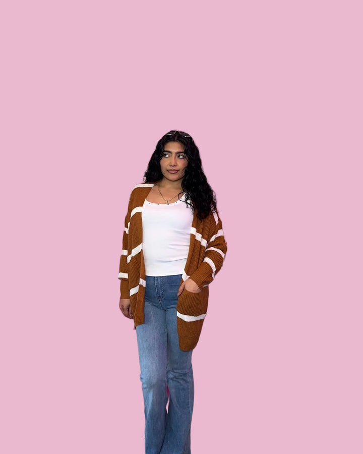 Camel Stripe Knit Cardigan