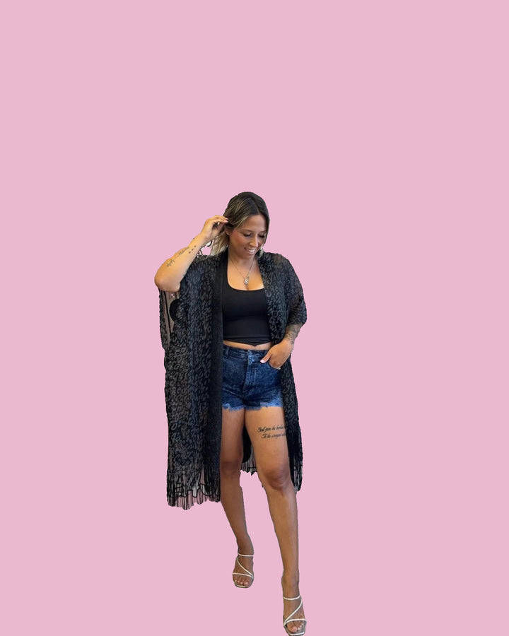 Black Sheer Leopard Kimono