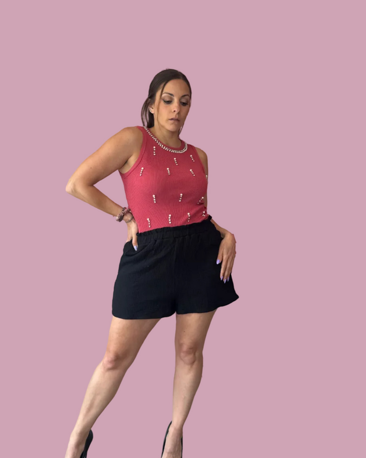 Black Elastic Waist Shorts