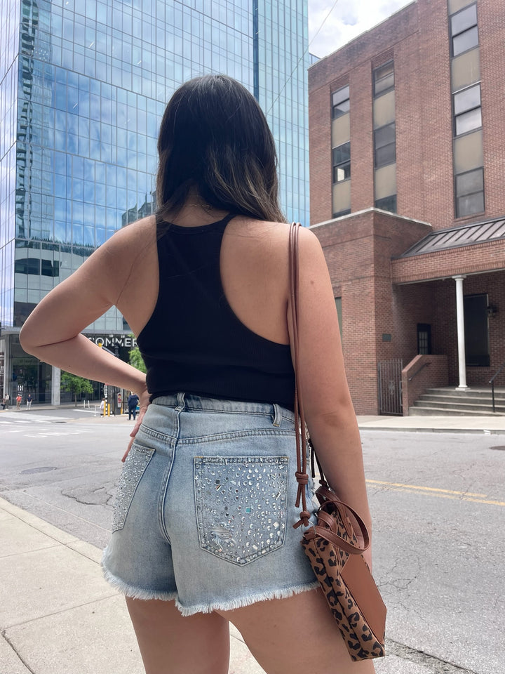 Studded Denim Mini Shorts