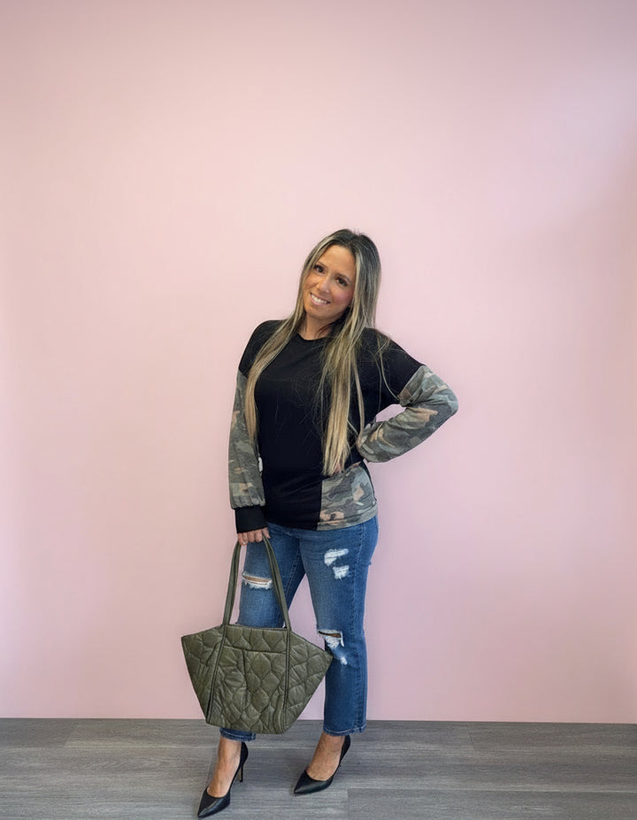 Camo Sleeve Loose Top