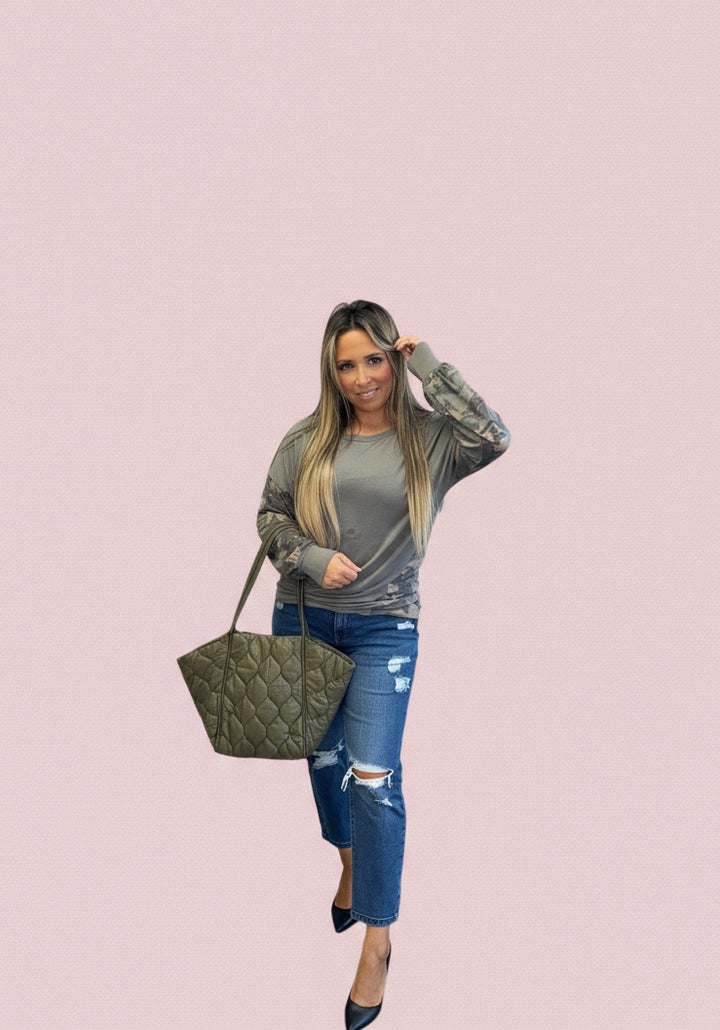 Camo Sleeve Loose Top