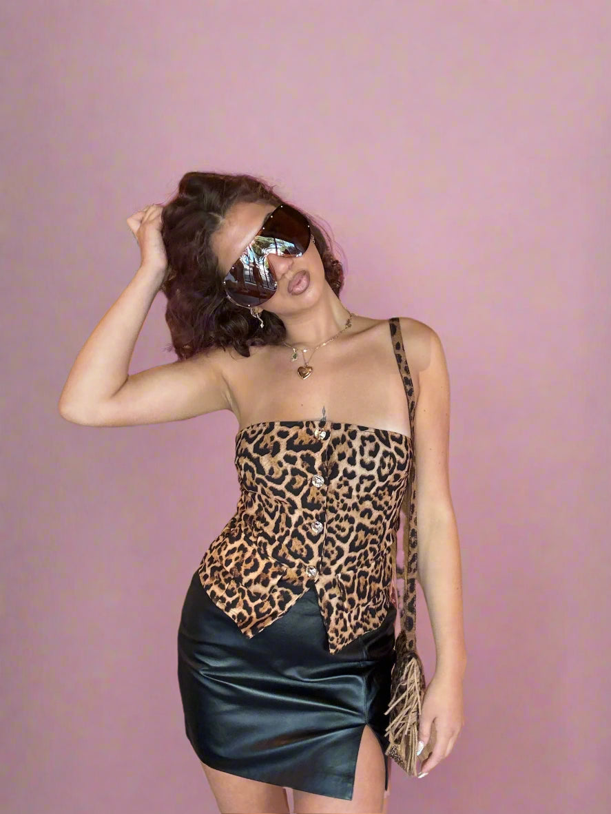 Button Leopard Strapless Top