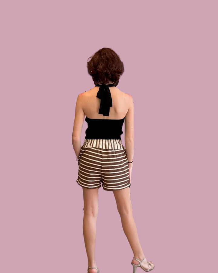 Brown Stripe Elastic Shorts