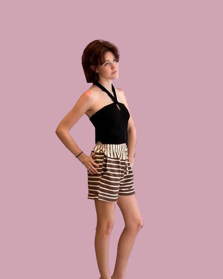 Brown Stripe Elastic Shorts