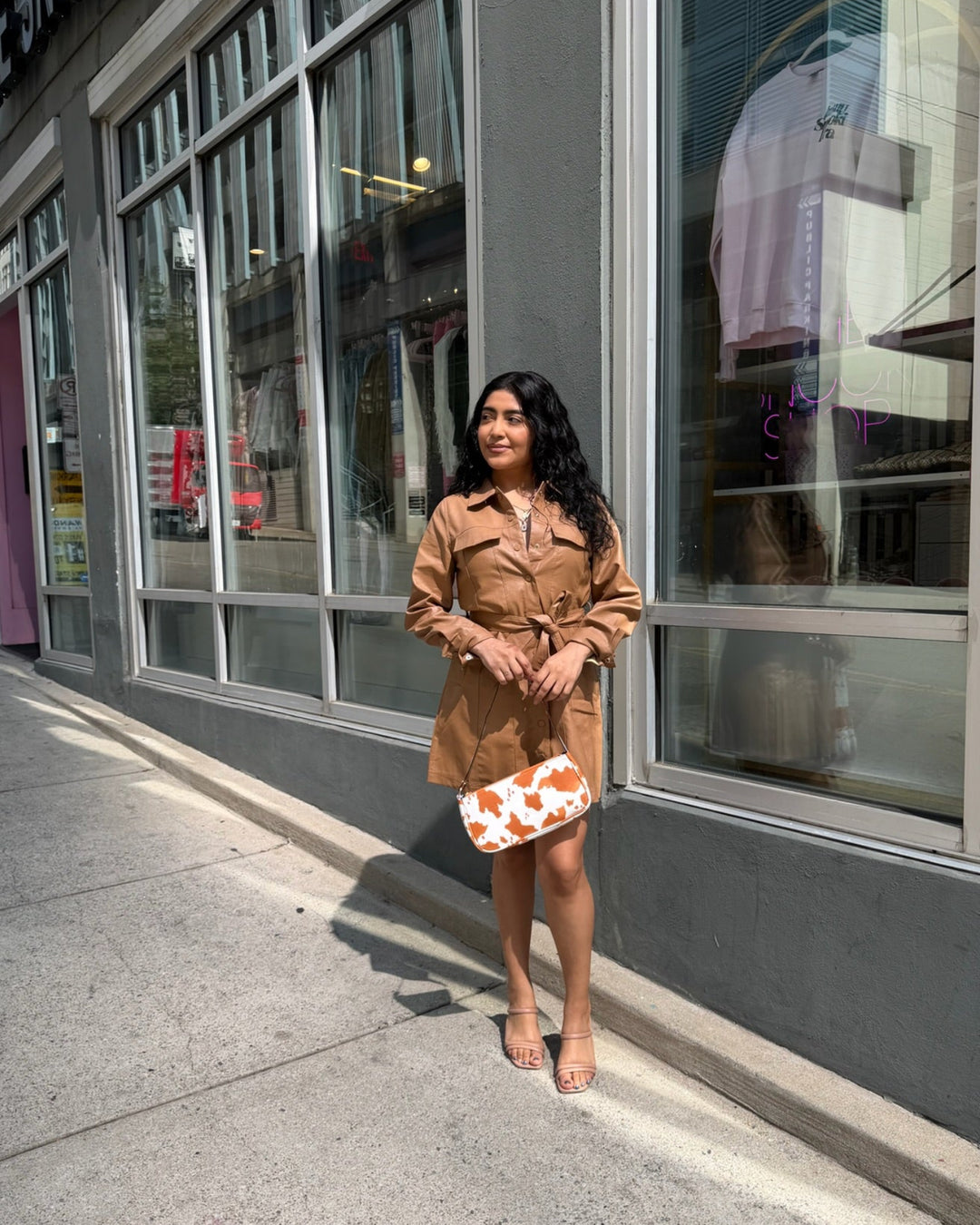 Camel Pleather Tie Dress