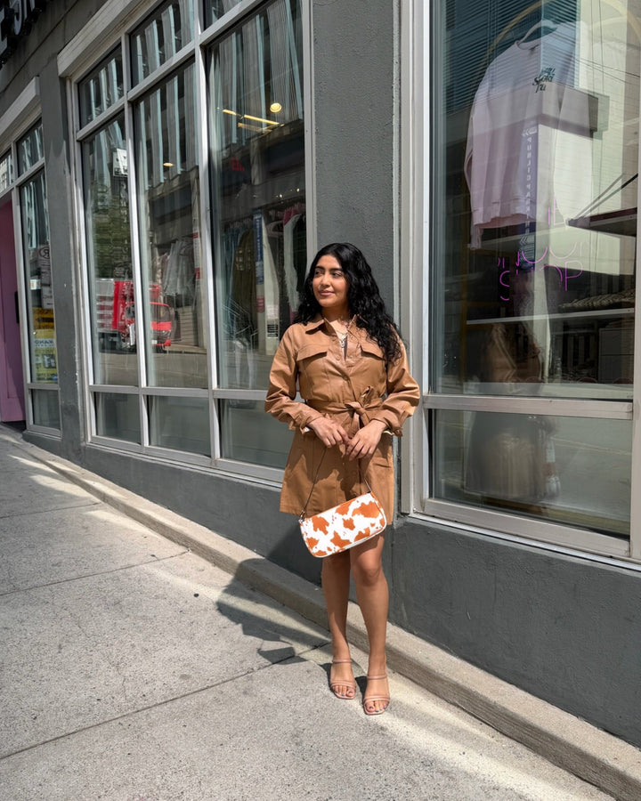Camel Pleather Tie Dress