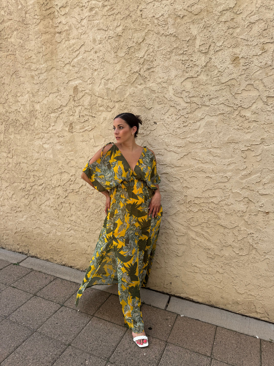 Leaf Print Open Shoulder Maxi Dress The Snooki Shop Leaf Print Open Shoulder Maxi Dress The Snooki Shop