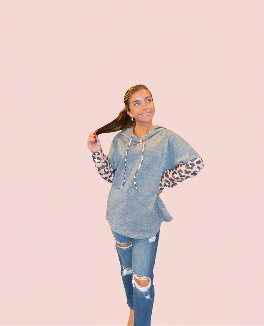 Leopard Sleeve Pullover Hoodie