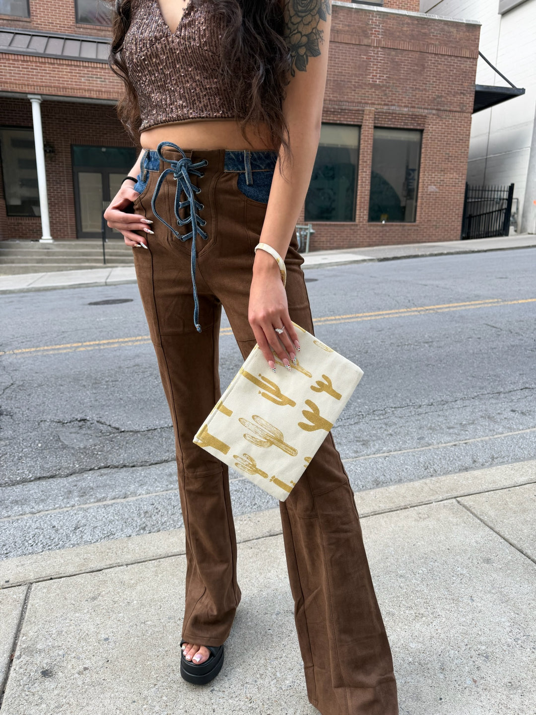 Brown Suede Flare Pants