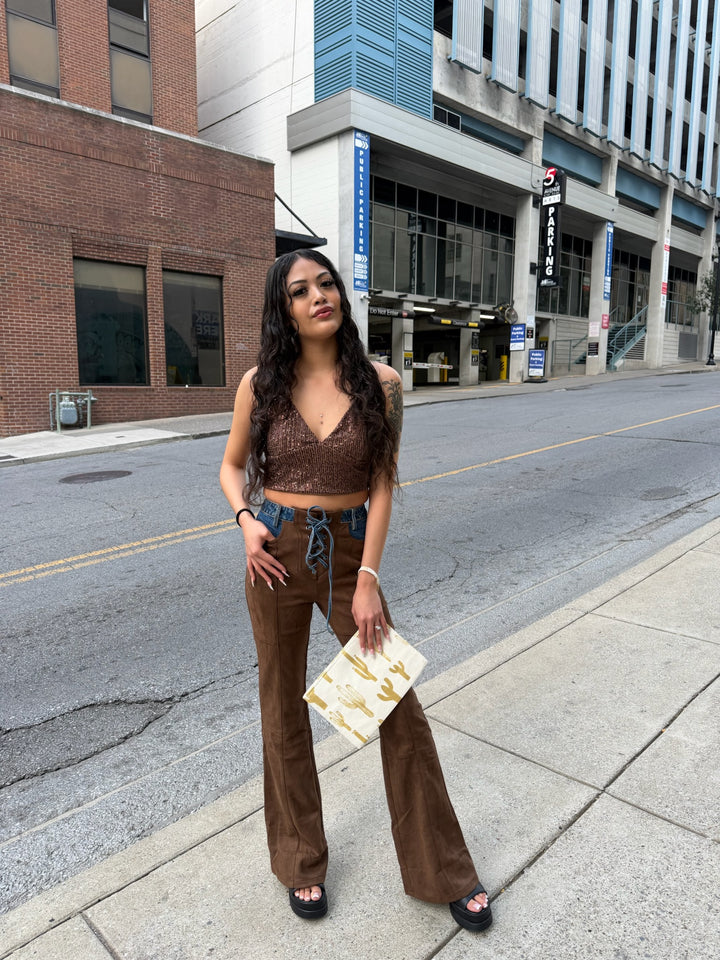 Brown Suede Flare Pants