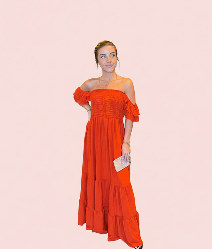 Red Off Shoulder Maxi Dress