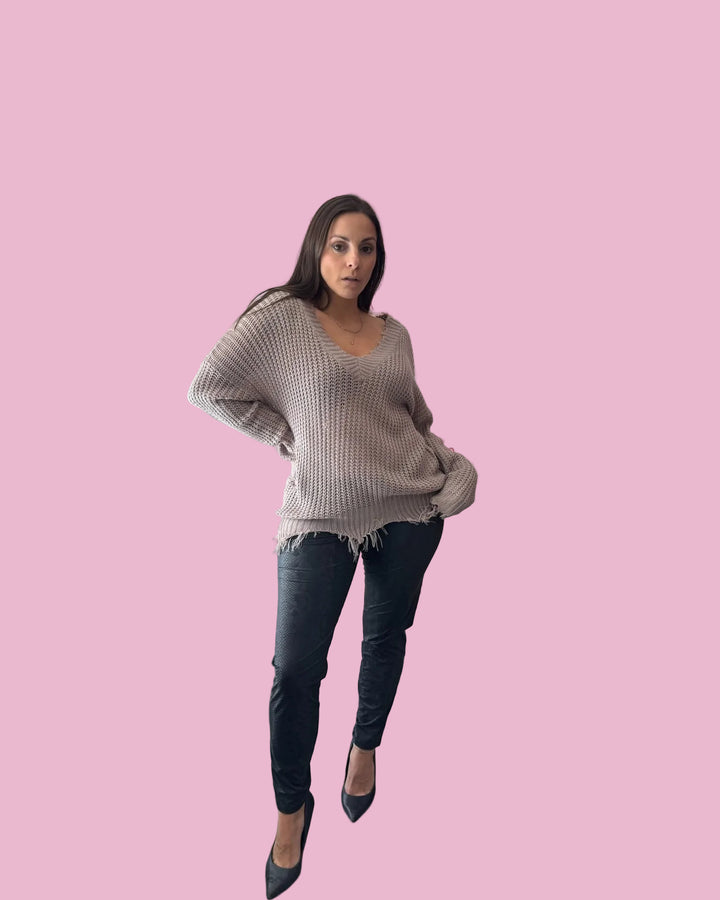 Distressed V-Neck Sweater