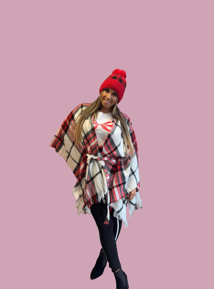 White Red Plaid Belted Shawl