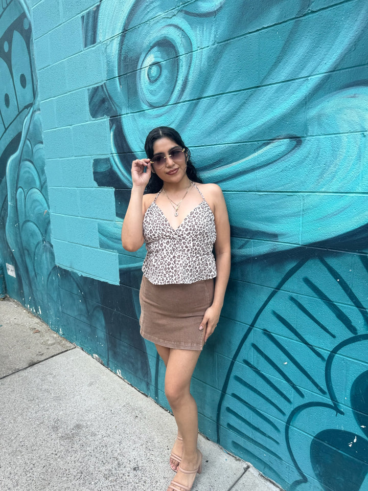 Brown Denim Slit Skirt
