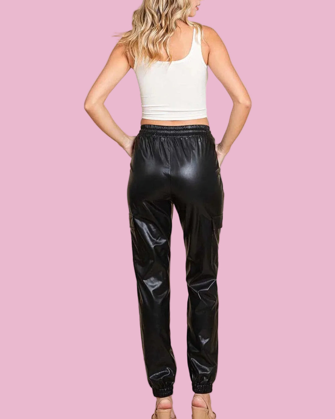 Black Pleather Cargo Joggers