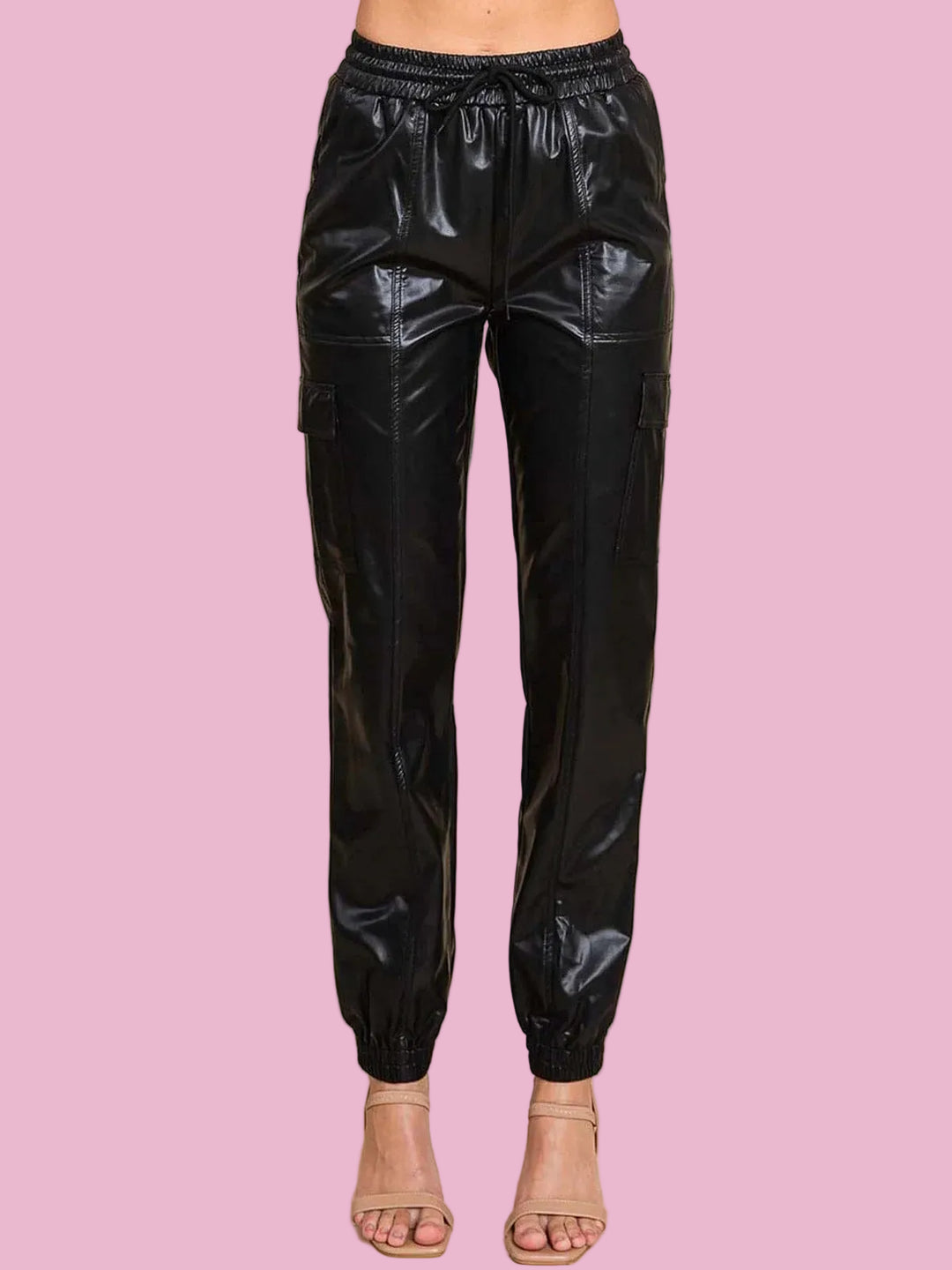 Black Pleather Cargo Joggers