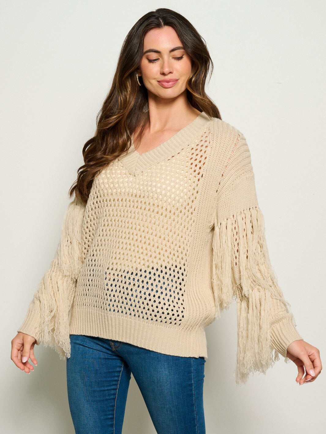 Beige Fringe Tiered Sweater