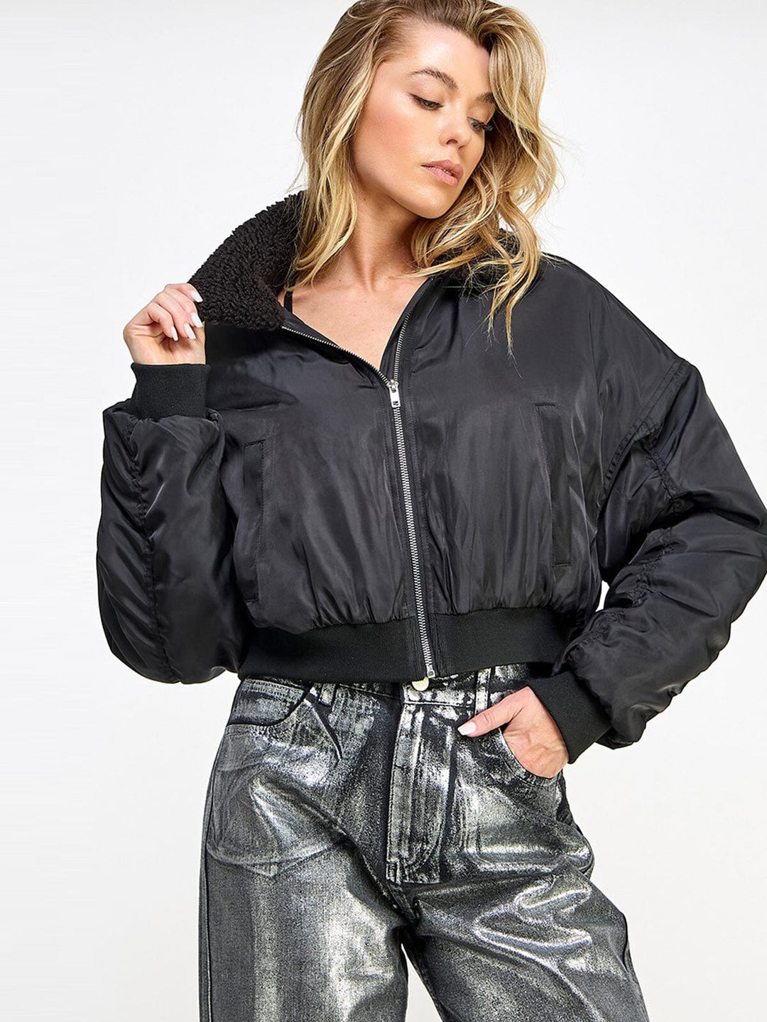 Black Sherpa Collar Bomber Jacket