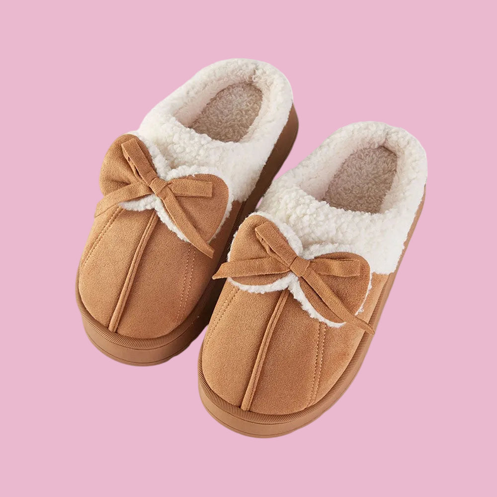 Tan Bow Sherpa Slippers